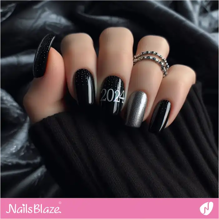 Stylish Black and Silver New Year's Nail Design | 2024 Nails - NB3718